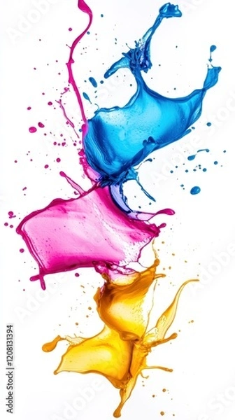 Fototapeta Abstract splash of neon pink, electric blue, and golden yellow paint on a clean white background, dynamic and energetic composition