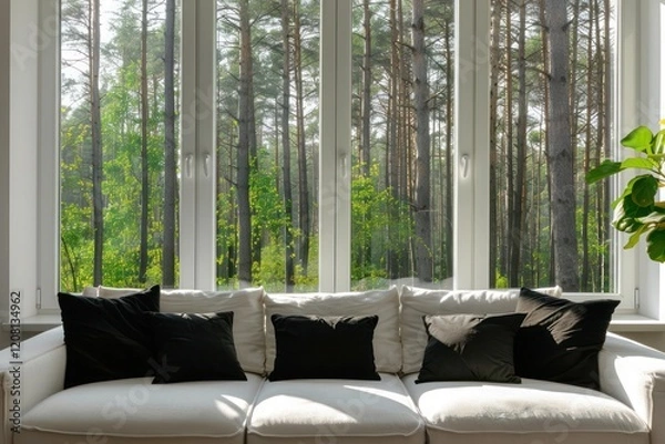 Fototapeta White Sofa with Black Pillows in Modern Living Room with Minimalist Interior Design and Forest View from Window