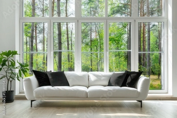 Fototapeta Contemporary Home Living Room with White Sofa, Black Pillows, and Forest View from Window in Minimalist Design