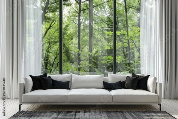 Fototapeta Minimalist Modern Living Room with White Sofa and Black Pillows Against Window with Forest View