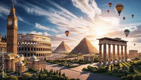 Fototapeta A sprawling landscape featuring iconic monuments from around the world, set against a captivating sky with a mix of wispy white clouds and patches of brilliant blue, evoking a sense of wonder and adve