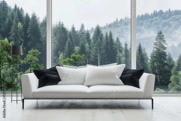 Fototapeta Modern Living Room Interior Design with White Sofa and Black Pillows by Window Overlooking Forest View