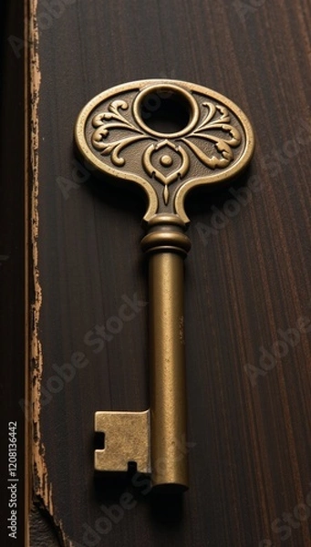 Fototapeta Antique brass key with detailed design for vintage historical or secure aesthetic