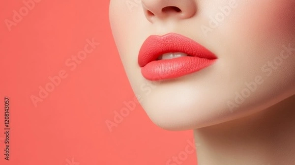 Fototapeta Vibrant Lip Aesthetics Smooth Coral Texture on Sensual Lips - Modern Beauty and Dynamic Skincare Branding for Youthful Consumer Engagement