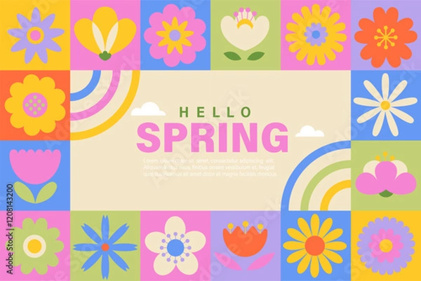 Obraz Spring geometric banner with elements and symbols of season, flowers,leaves and text. Poster, flyer spring season trendy template for web, social media,web,greeting,invitations. Vector illustration.
