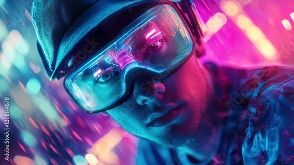 Fototapeta Portrait of a gamer wearing VR goggles in a neon-lit room, intense concentration, glowing holographic visuals in the background, ultra-realistic style