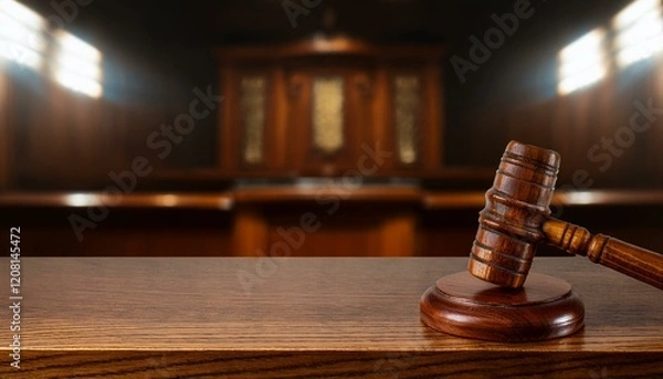 Fototapeta 법정 안의 나무 법봉, 짙은 색 나무로 만들어진 법봉과 조각된 법정 심벌이 함께 놓인 테이블 위의 정경