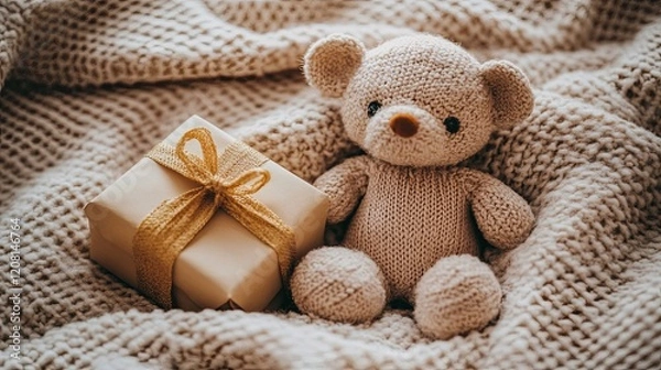 Fototapeta A small plush toy holding a tiny wrapped gift, placed on a soft beige blanket