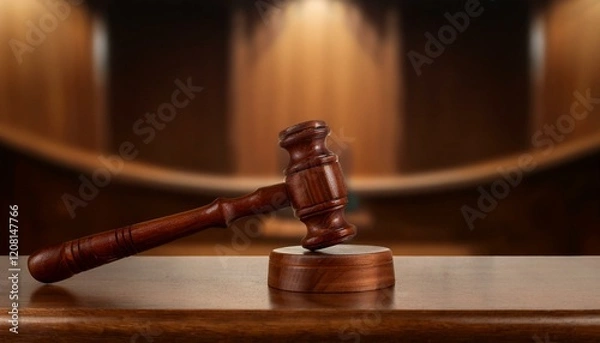 Fototapeta 법정 안의 나무 법봉, 짙은 색 나무로 만들어진 법봉과 조각된 법정 심벌이 함께 놓인 테이블 위의 정경
