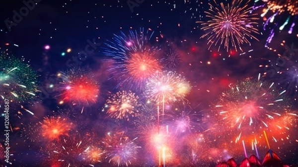 Fototapeta New Year Fireworks - Festive Firecrackers Illuminating the Night Sky in 2023. Creative Abstract Christmas Background with Joy and Celebration