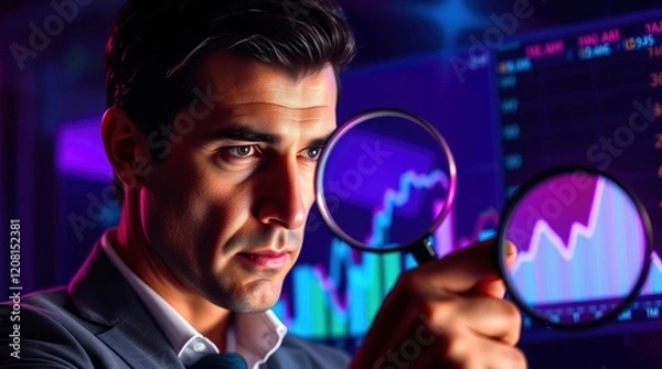 Fototapeta Intrigued Analyst: Examining Neon Stock Market Graph with Magnifiers