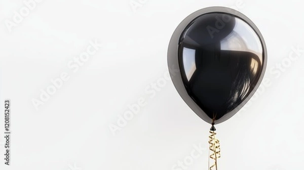 Fototapeta A black balloon with a shiny surface tied with a golden ribbon floating on a white background