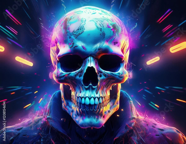 Fototapeta Generated Image of Skull. With a cinematic atmosphere and cool tone, neon lights
