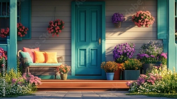 Fototapeta Charming front porch with colorful flowers in pots, a teal front door, and a cozy bench with cushions, sunny spring day generative ai