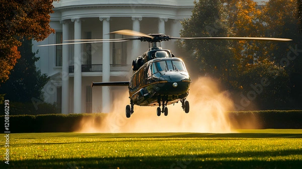 Obraz A photo of Marine One helicopter landing on the South Lawn of the White House, with blades kicking up dust and grass, during a high-profile arrival