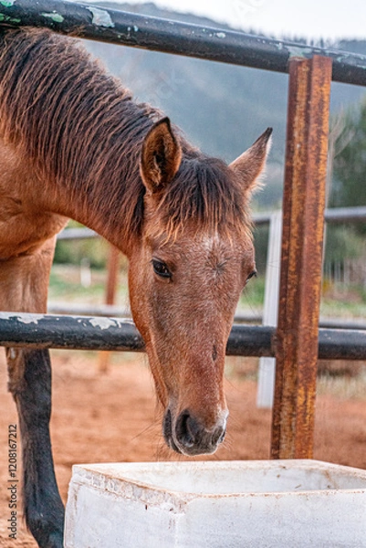 Obraz Brown horse eating in a farm