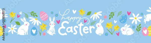 Fototapeta Cute hand drawn easter bunnies, spring flowers and eggs seamless design. Easter doodle background. Vector design illustration
