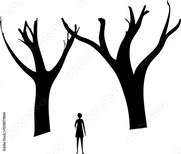 Fototapeta Silhouette of a Woman Standing Between Two Bare Trees - A Minimalist Illustration for Reflection and Emotion