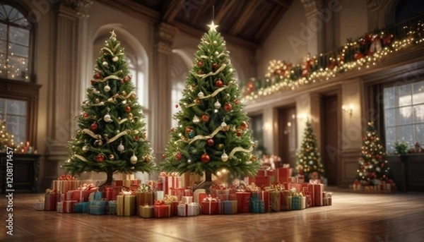 Fototapeta Christmas tree with presents and decorations in a large hall, holiday cheer, Christmas tree