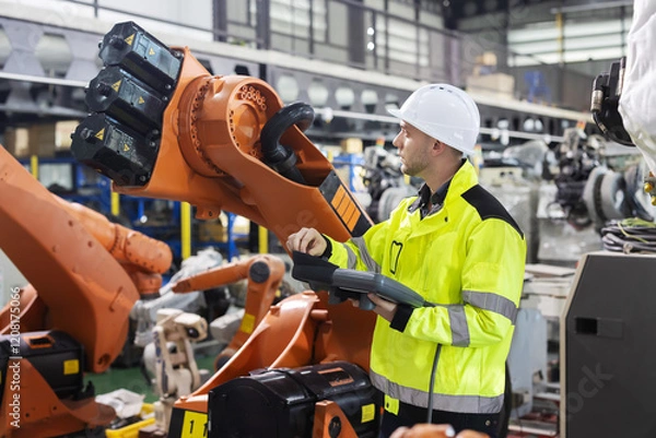 Fototapeta Caucasian worker operates industrial robot arm in a modern factory while looking and smiling to camera
