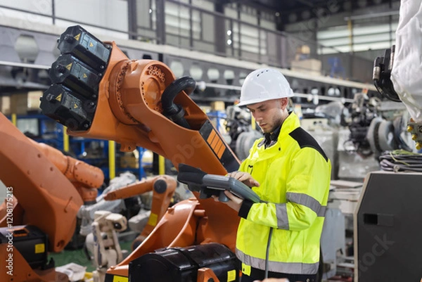 Fototapeta Caucasian worker operates industrial robot arm in a modern factory while looking and smiling to camera