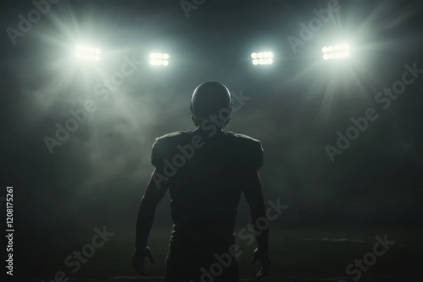 Fototapeta a football player stands in the dark with lights shining on him
