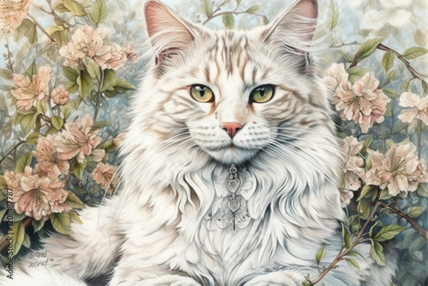 Fototapeta gorgeous fluffy long-haired white cat surrounded by flowers, spring, flowering trees, watercolor,.Generative AI