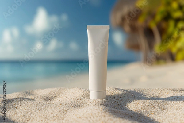 Fototapeta A white package of cosmetic cream stands in light sand against the background of the sea and sky, a mock-up.