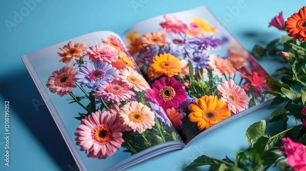 Fototapeta Brochure Mockup Displaying Vibrant Flower Arrangements on Blue Background