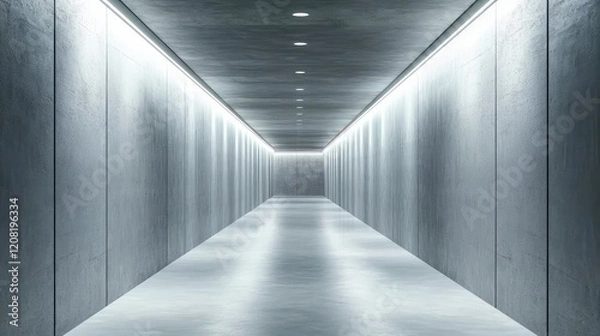 Fototapeta Minimalist interior corridor featuring smooth concrete walls and ambient accent lighting in a narrow, well-lit space for text placement.