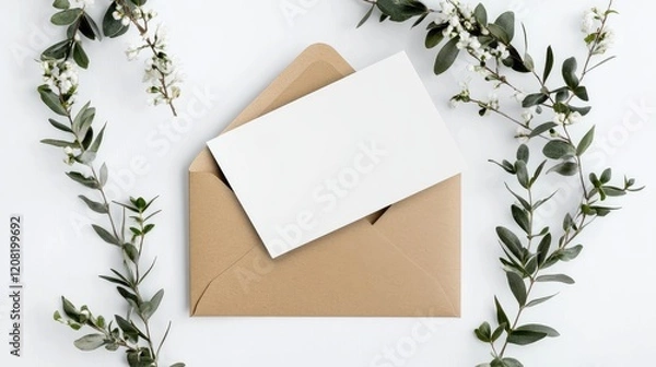Fototapeta Elegant open greeting card mockup with blank white cover and kraft envelope surrounded by greenery on a clean white background