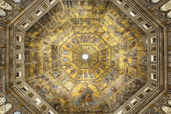 Obraz Battistero di San Giovanni lub Baptysterium Świętego Jana Chrzciciela, wnętrze kopuły zdobione mozaiką we Florencji, Włochy