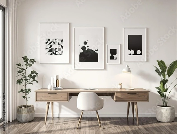Fototapeta Chic home office with a modern desk and black and white art prints on the walls, productivity, creativity