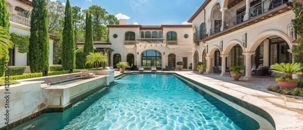 Fototapeta Stunning luxury pool and backyard landscape at a million-dollar home. Exquisite design with pristine waters, lush greenery, and elegant details for a perfect oasis retreat.