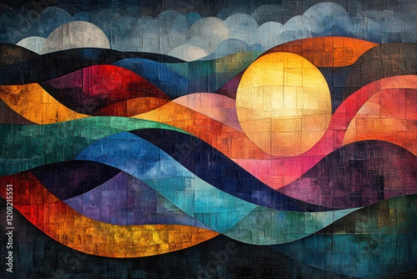 Fototapeta Abstract artwork of colorful waves and a radiant sun, symbolizing spiritual energy, divine presence, and the flow of life