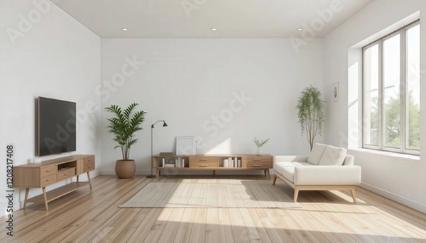 Fototapeta Sunlight floods a spacious modern living room featuring a sleek white sofa, wooden furniture, and lush greenery. The minimalist design evokes tranquility and warmth
