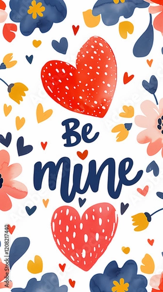 Fototapeta Postcard background or poster with  strawberry and flower  text for congratulations on Valentine's Day or for a declaration of love. illustration. raster