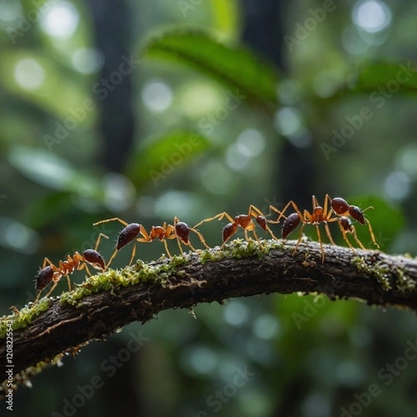 Obraz A group of tiny ants marching along a tree branch in the rainforest, side-view, with a blurred background.