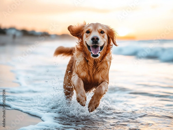 Fototapeta Happy golden retriever running through ocean waves on the beach at sunset, full of energy and joy