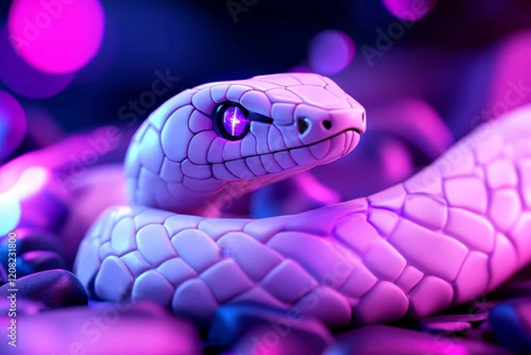 Obraz Minimalist Neon Snake Emerging - A vibrant purple and blue neon snake, coiled on dark stones, symbolizes mystery, transformation, wisdom, power, and rebirth.