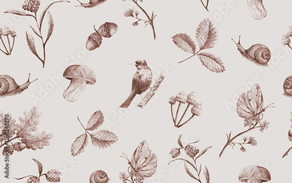Obraz pattern with leaves, snails, mushroom