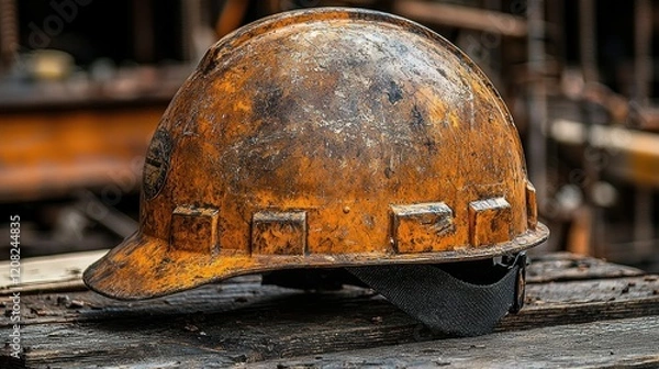 Fototapeta Rusty Hard Hat on Weathered Wood