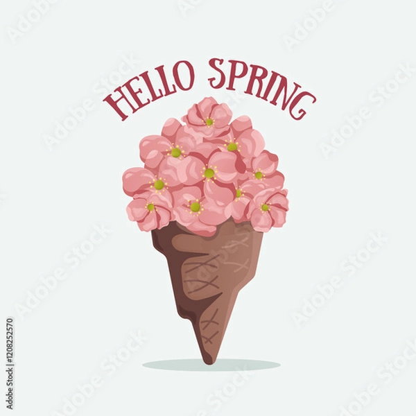 Fototapeta  Ice cream with spring pink flowers.  Spring images and elements. Creative spring card. Hello spring. 