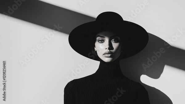 Fototapeta black and white portrait of a woman in black clothes on a monochrome background. Stylish woman dressed in black on a minimalistic background