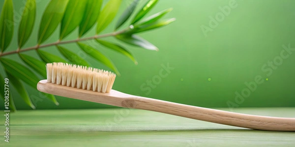 Fototapeta A bamboo toothbrush is placed on a vibrant green surface complemented by lush green leaves. This composition highlights eco-conscious oral hygiene practices