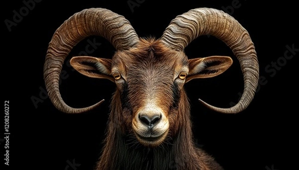 Fototapeta Photograph of a goat with long, curved horns and brown fur on the face, looking at the camera against a green background.