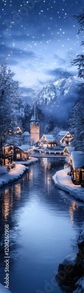 Fototapeta A snowy landscape with a river running through it