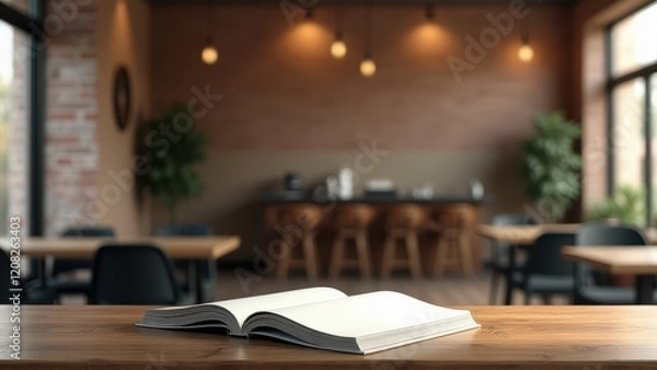 Fototapeta Softcover Magazine Mockup,  Bright cafe with brick walls rustic table with softcover magazine mockup photorealistic.