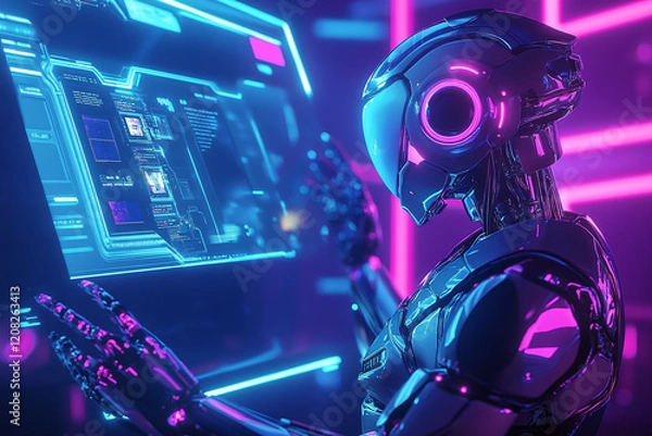 Fototapeta Futuristic Robotic Hand Holding a Glowing High-Tech Cube Representing Advanced AI, Innovation, and Sci-Fi Cybernetic Design in Digital Technology