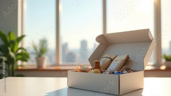 Fototapeta Subscription Box Mockup, Office with city view open artisan subscription box in focus photorealistic.